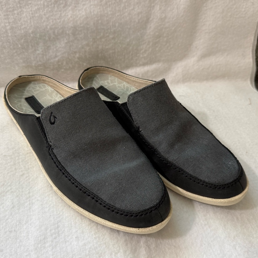 Olukai Huaka Slip On Mules Size 8 Canvas Loafer Comfort Leather Black Gray